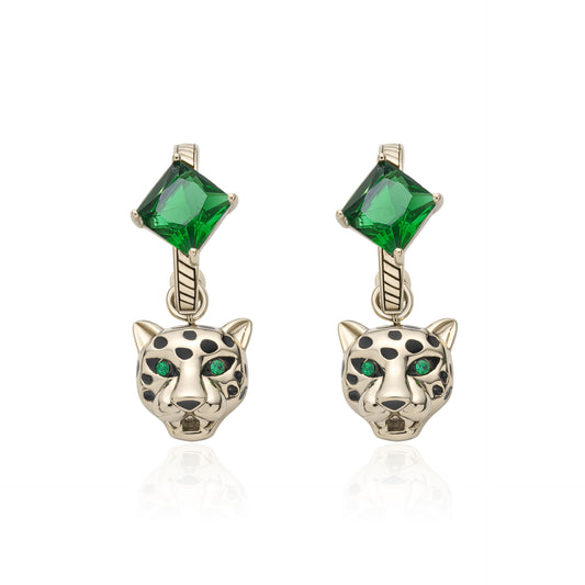 Greek Designer Leopard Green Zircon Copper Plated Coffee Gold Earrings