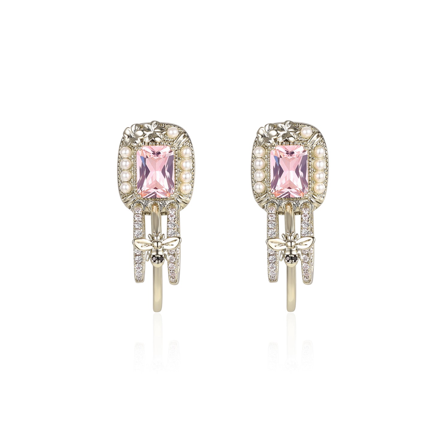 French bee inlaid pink zircon unique earrings