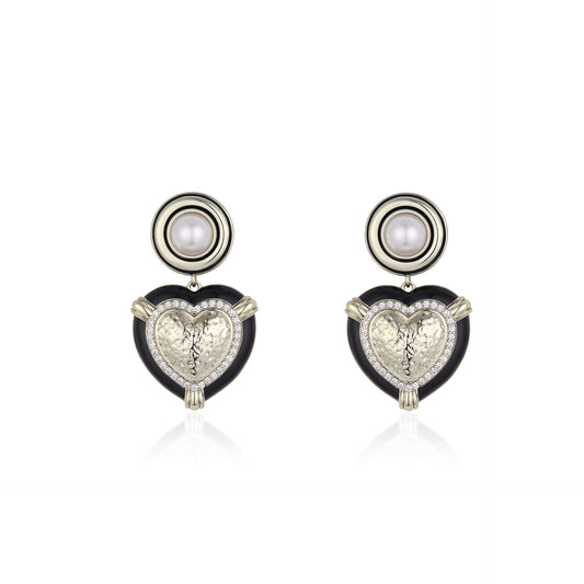 French designer heart set zircon enamel earrings