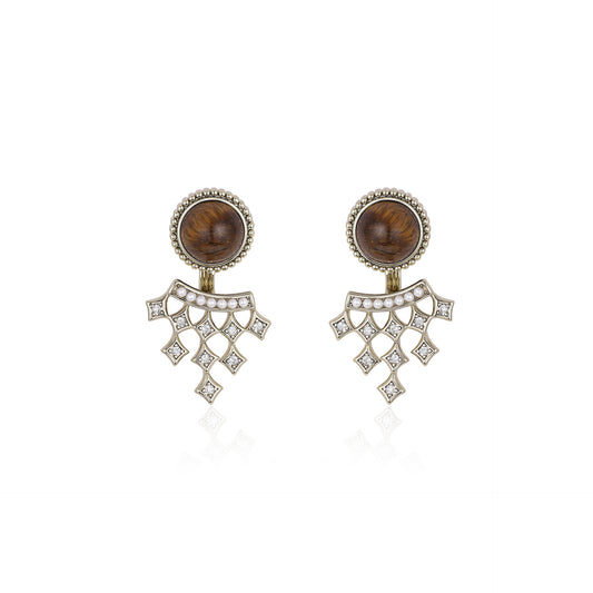 Portuguese designer tiger eye stone pearl and diamond earrings