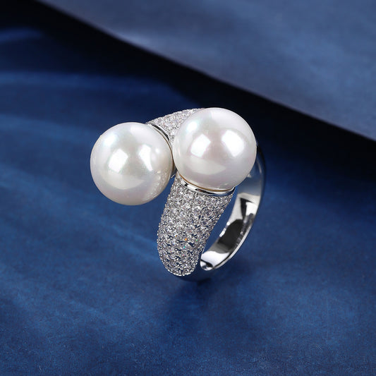 BrideTalk Simple Double Pearl Ring Micropaved Zirconia Open Ring