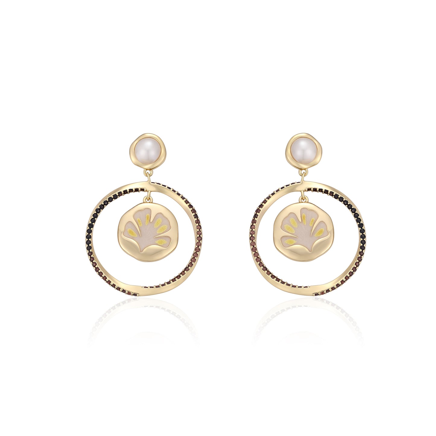 French designer ginkgo leaf circle enamel stud earrings