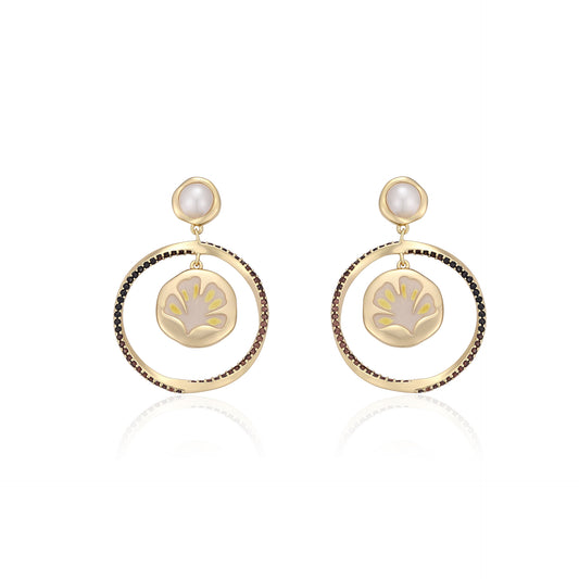 French designer ginkgo leaf circle enamel stud earrings