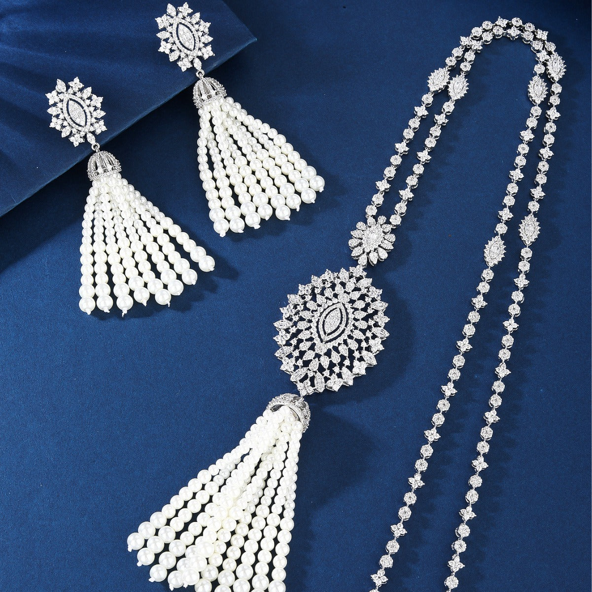 BrideTalk Ethnic style pearl and diamond long necklace set of two