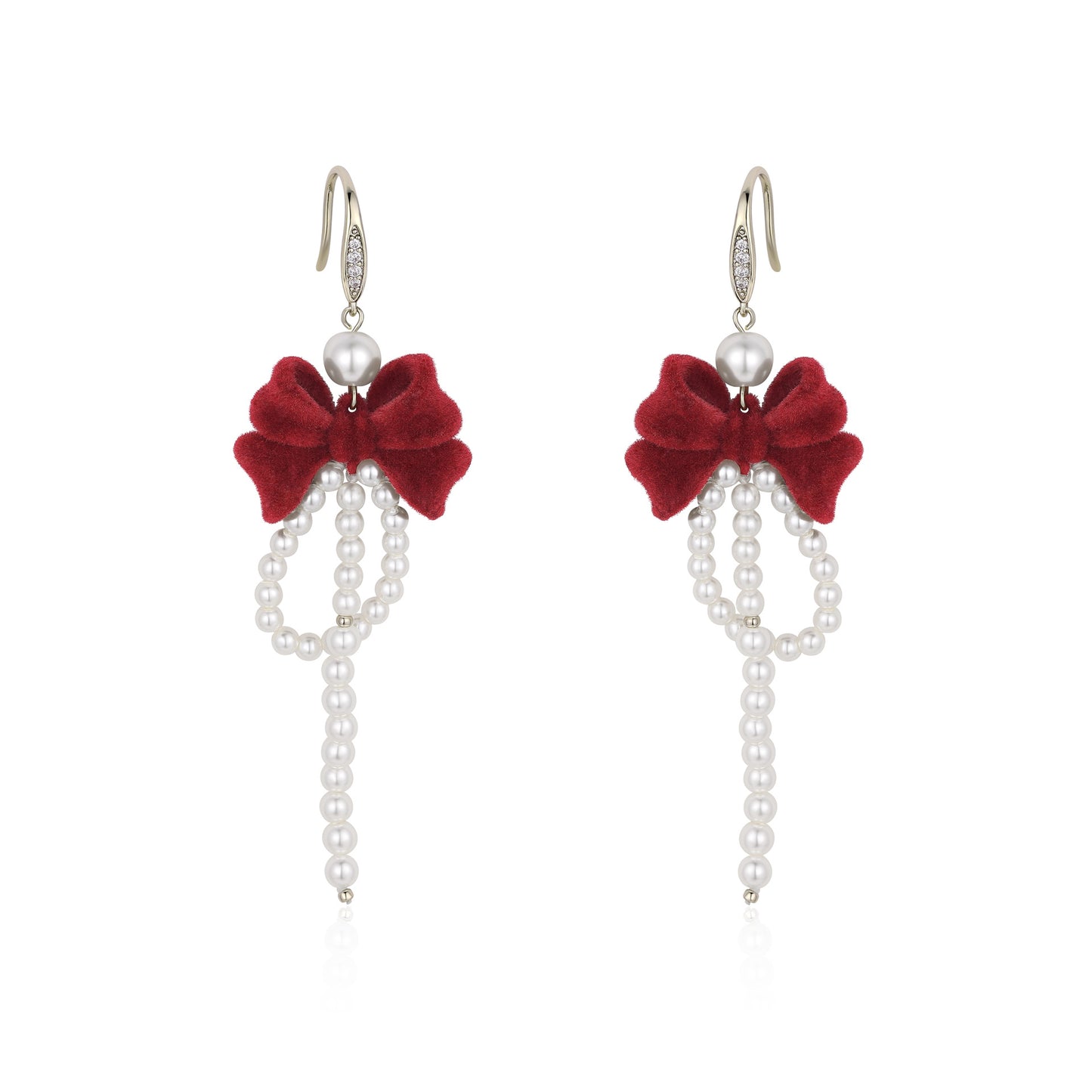 French designer red flocked bow tassel earrings