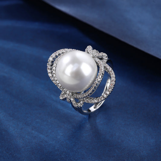 BrideTalk Cross Personalized Round Center Simple Zircon Pearl Ring