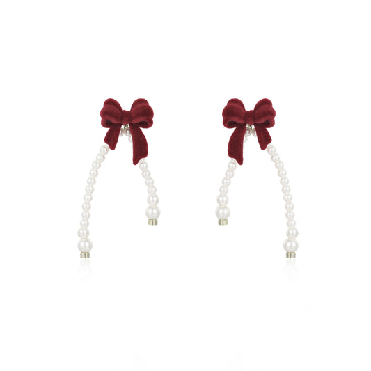 French designer red flocked bow tassel pearl earrings