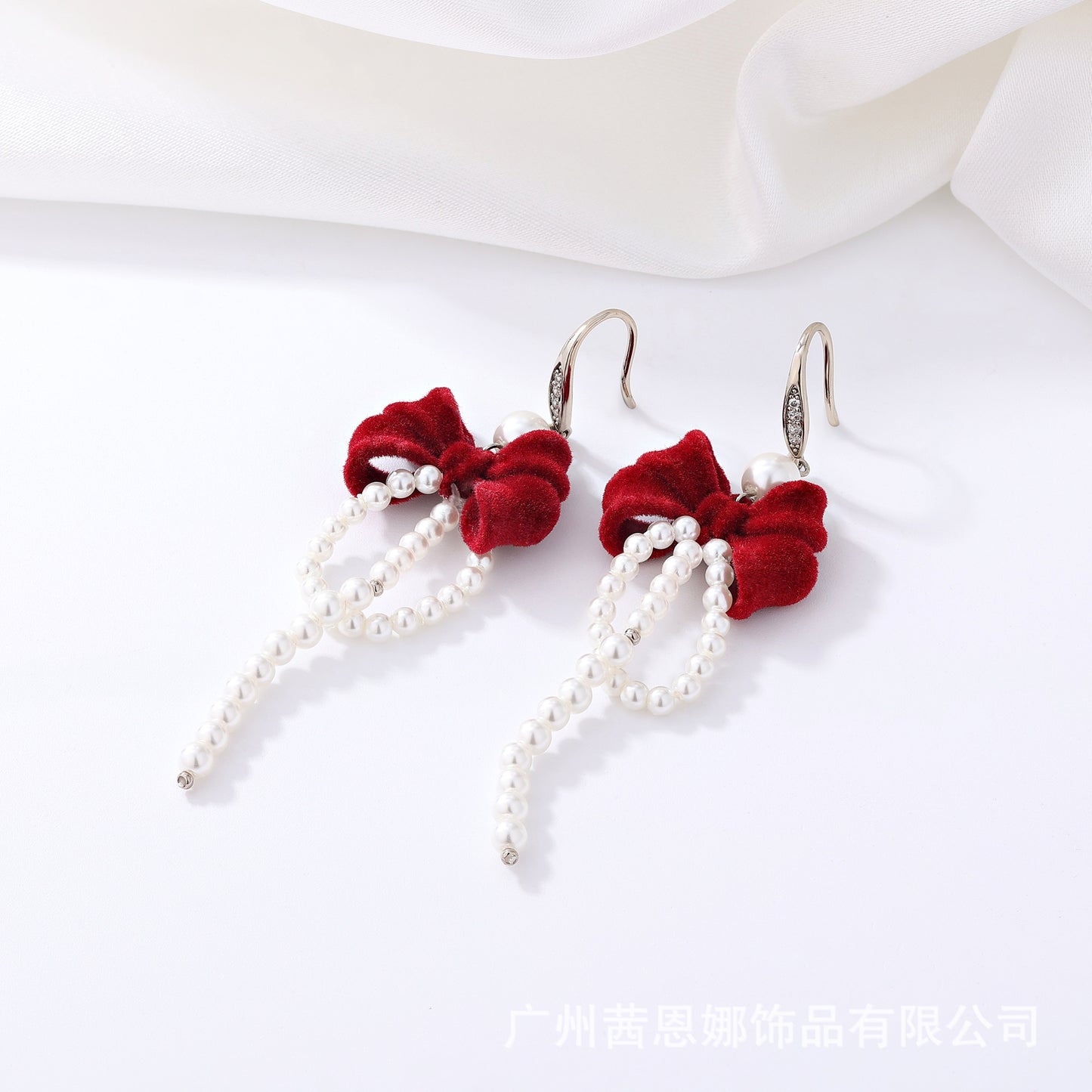 French designer red flocked bow tassel earrings