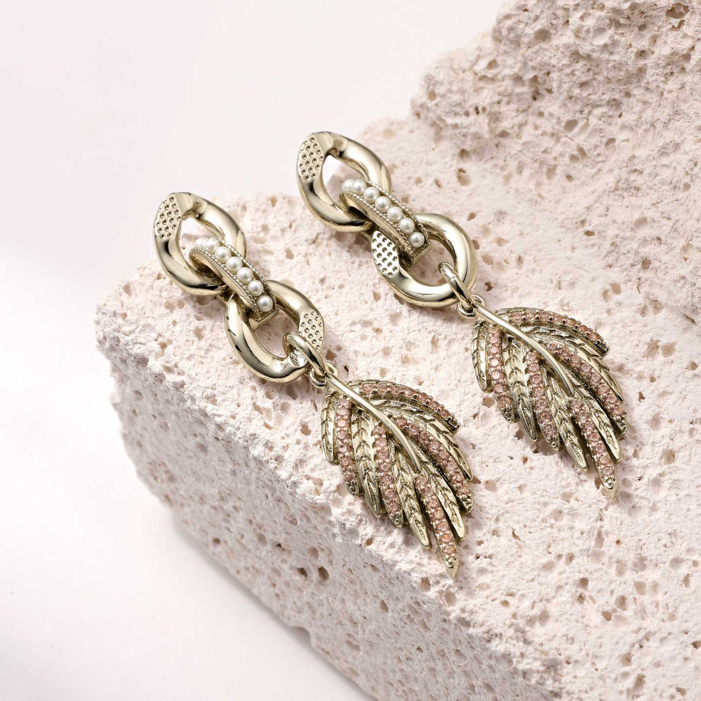 Italian designer leaf pearl coffee gold earrings