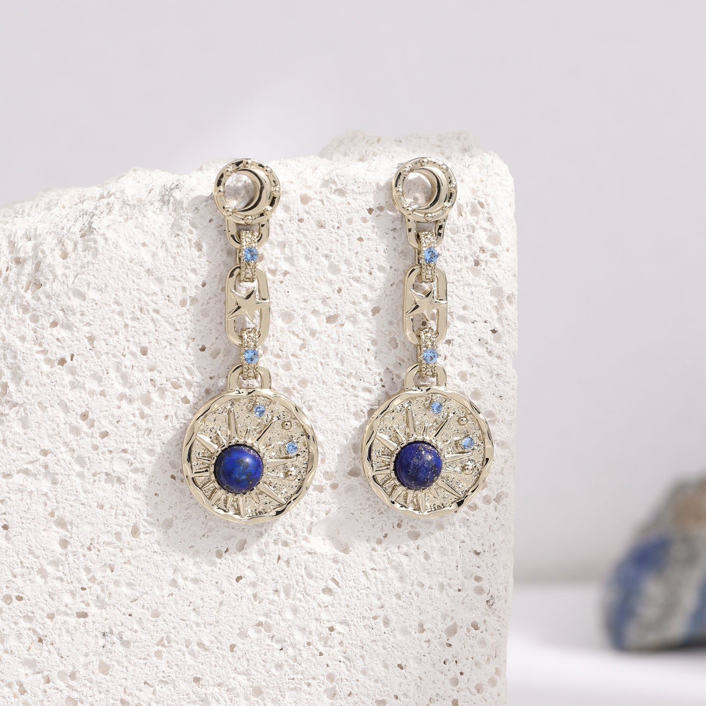 French designer lapis lazuli engraved copper plated coffee gold earrings