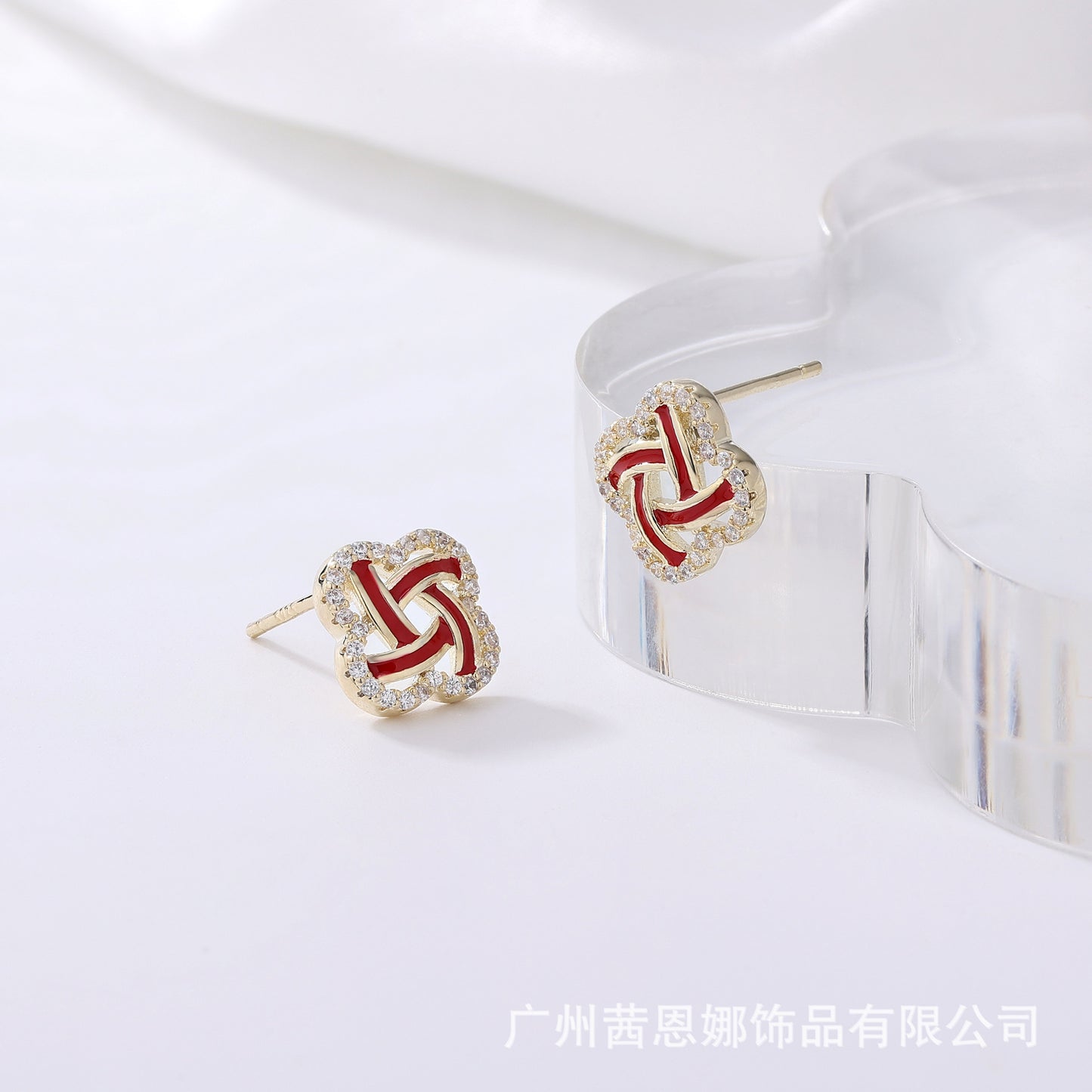 Diamond and enamel red Chinese knot stud earrings