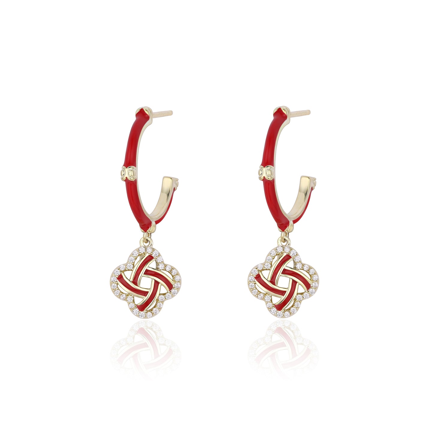 French designer red New Year festive earrings full of diamonds