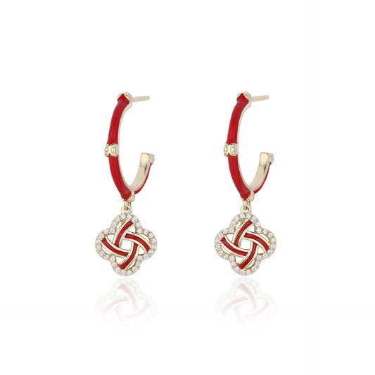 French designer red New Year festive earrings full of diamonds