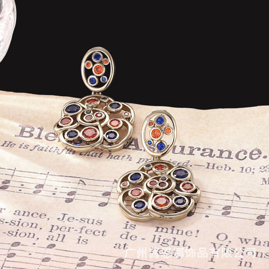 Retro Hollow Flower Colorful Stone Medieval Earrings