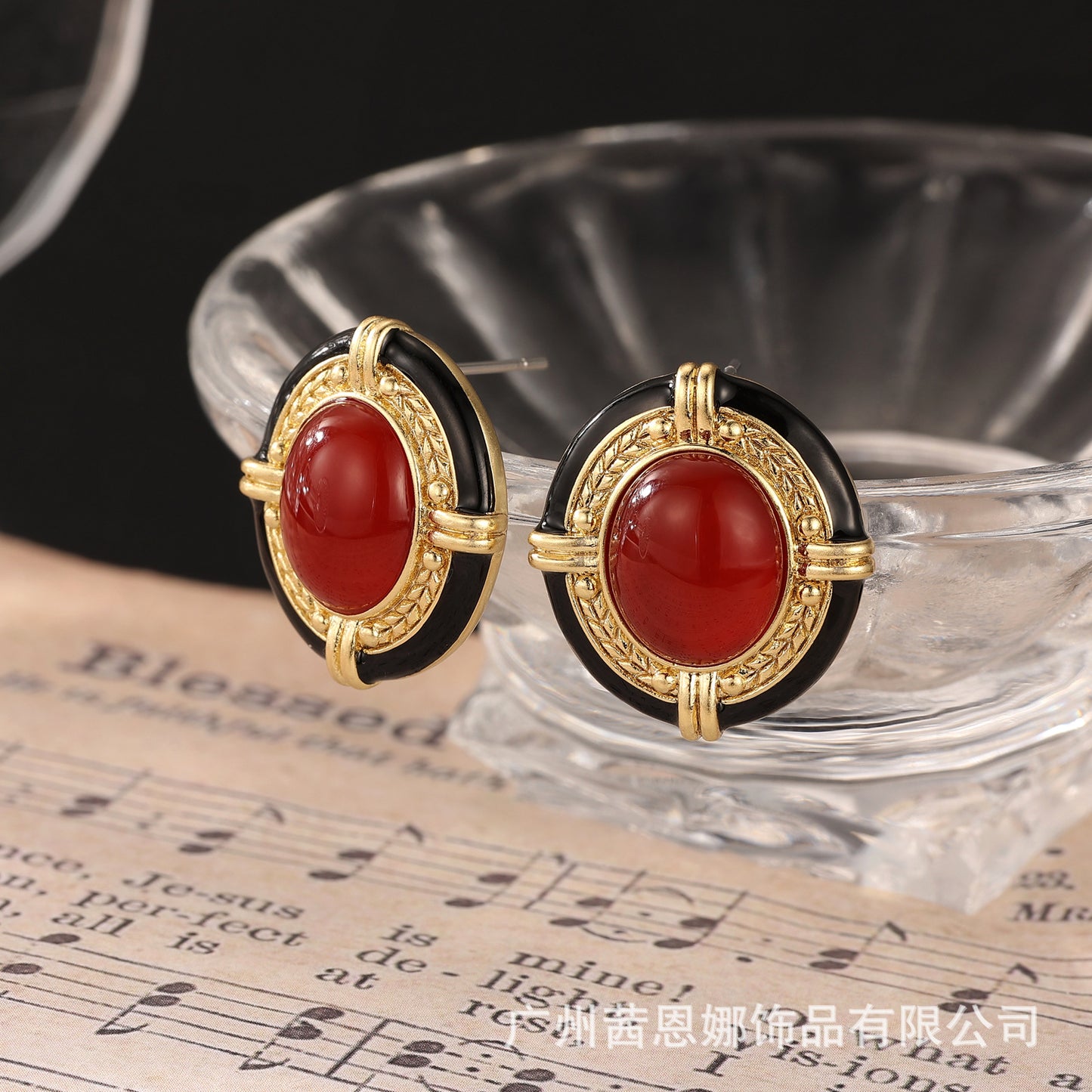 Portuguese designer red zircon enamel copper gold-plated stud earrings