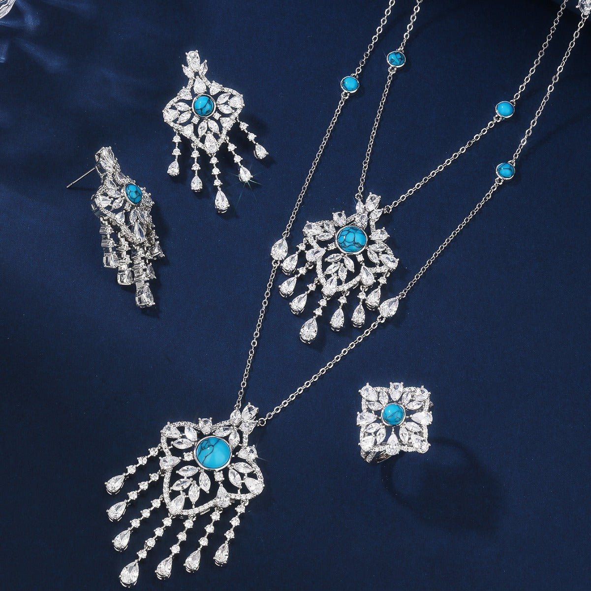 BrideTalk Temperament niche design light luxury blue turquoise necklace set