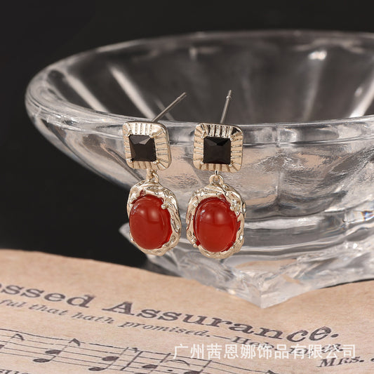 Portuguese designer vintage red flower stone simple earrings