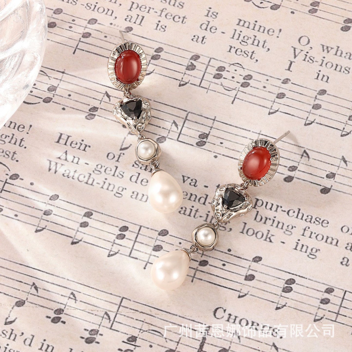 Portuguese designer red flower stone French retro elegant earrings