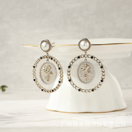 Hollow Rose Pearl and Zircon Earrings