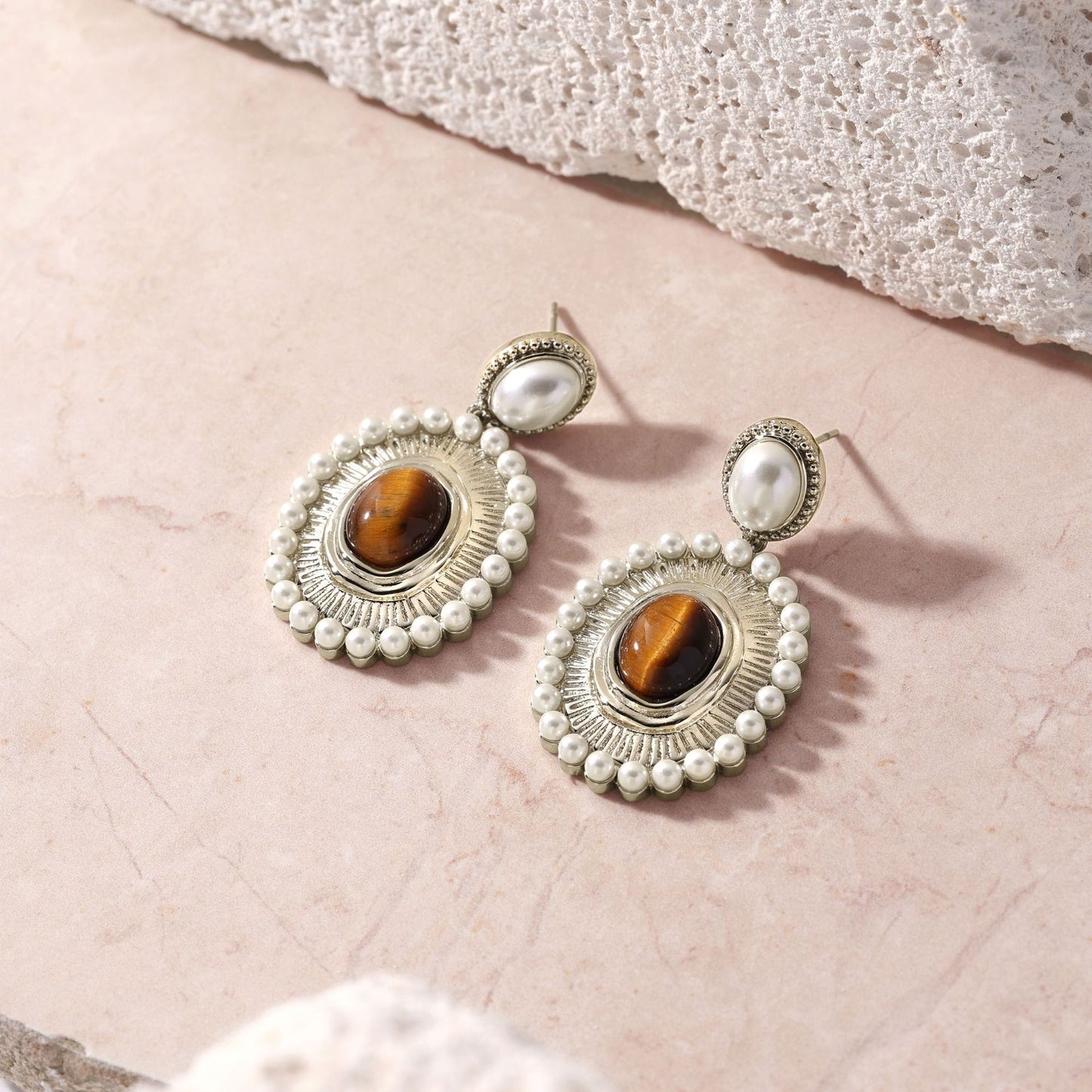 Portuguese designer tiger eye stone pearl earrings