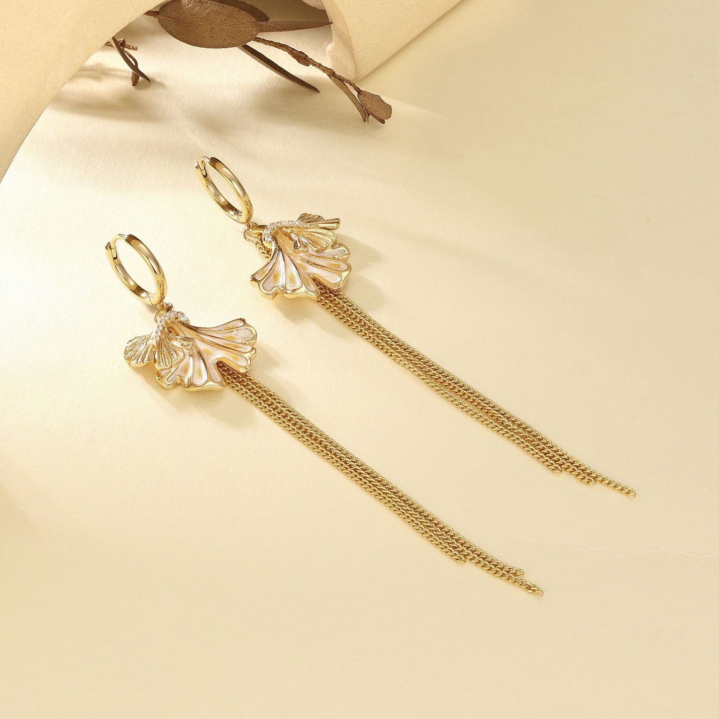 French designer ginkgo leaf tassel earrings