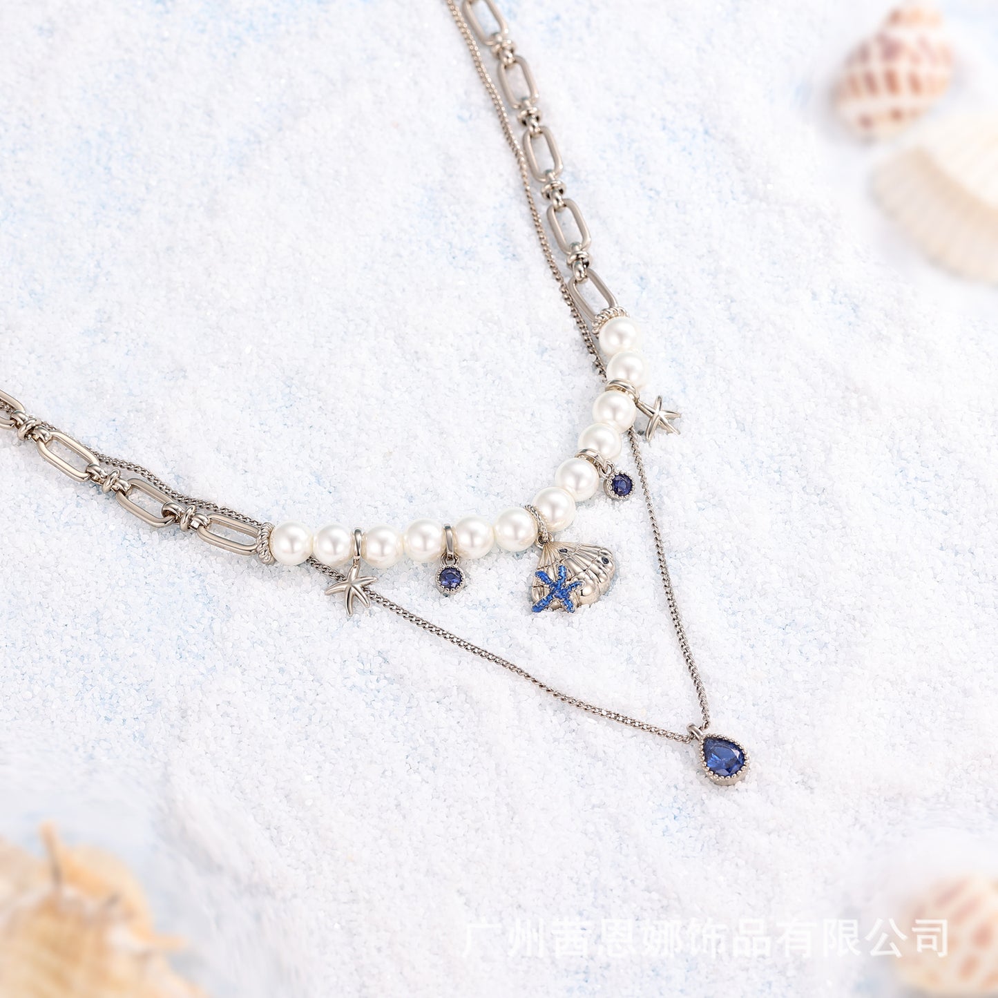 Danish designer starfish shell sapphire drop double necklace