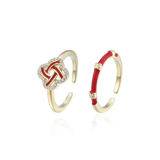 Chinese designer red full diamond New Year's style two-piece ring set