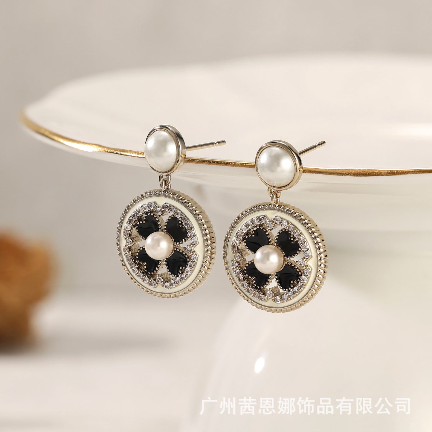 French enamel flower-shaped earrings