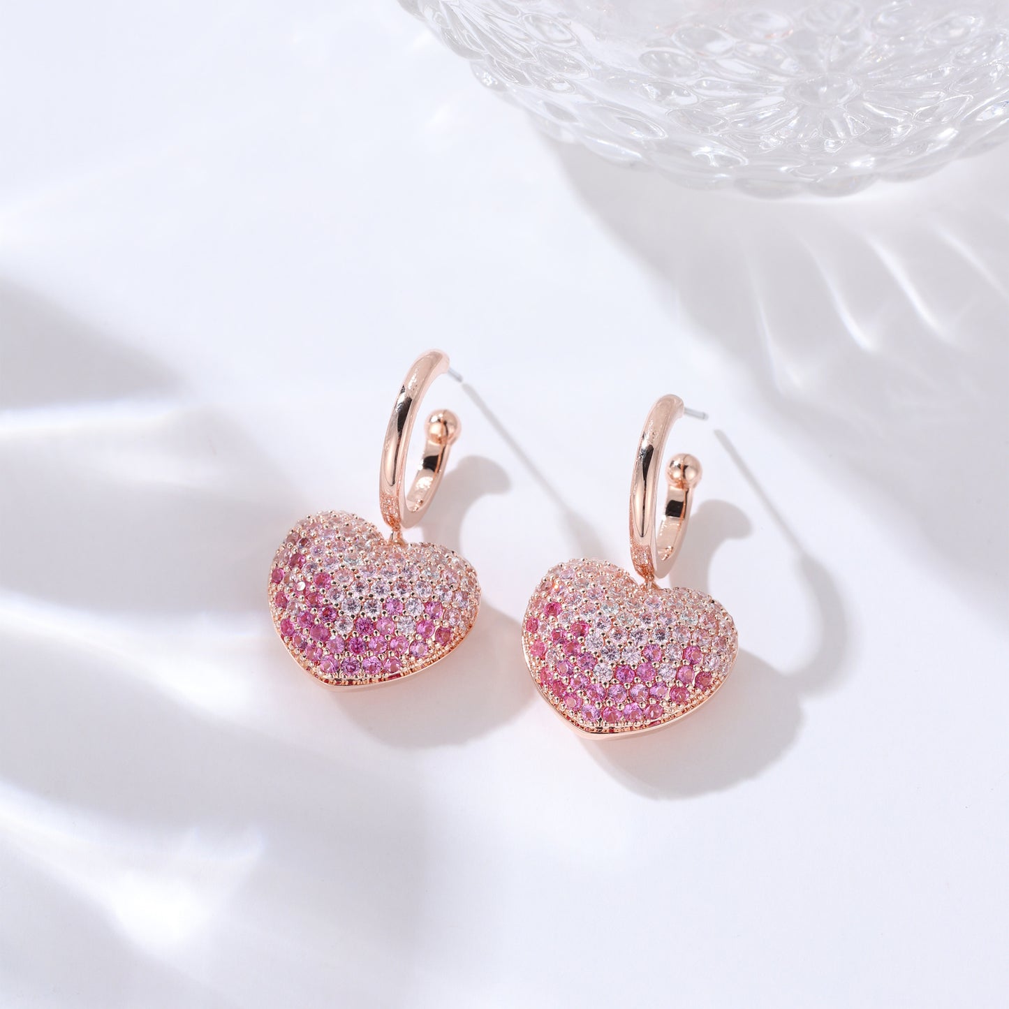 French designer full diamond heart electroplated rose gold earrings