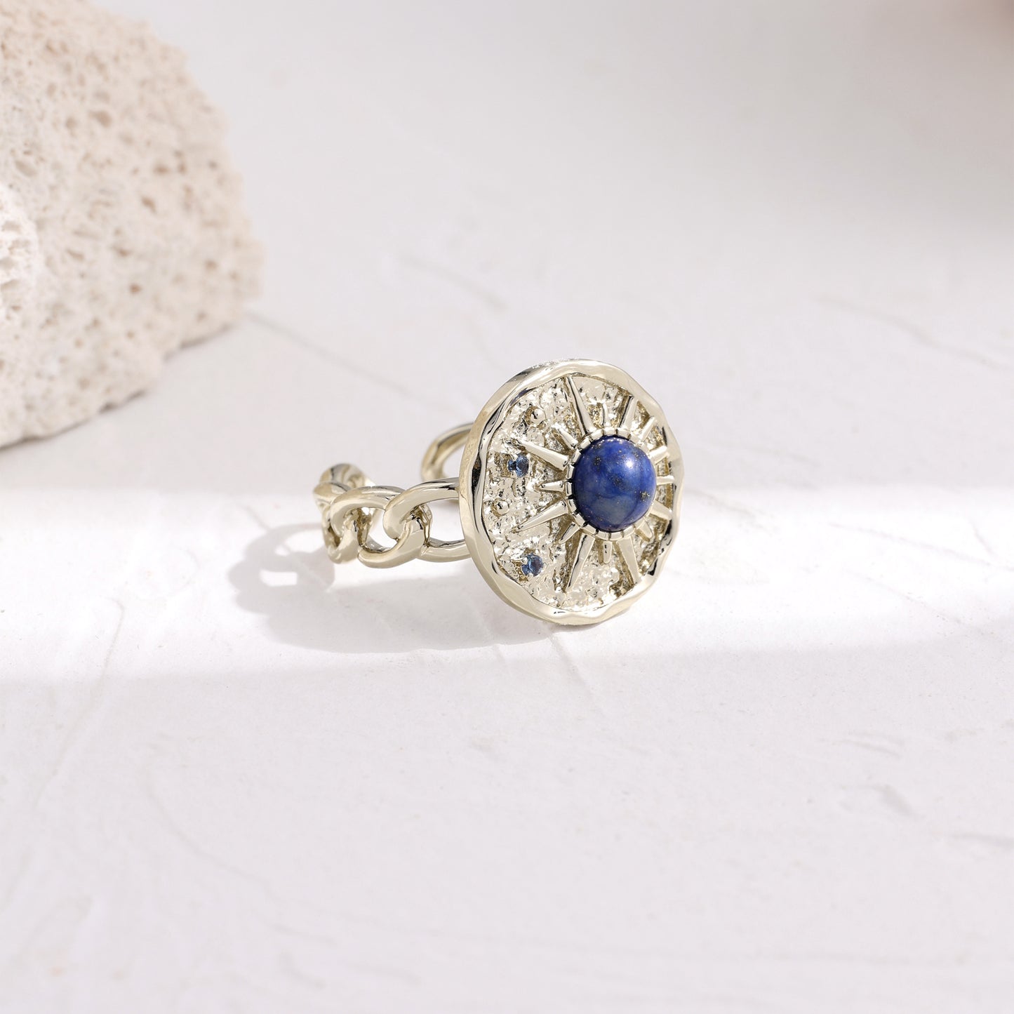 French designer lapis lazuli engraved copper plated coffee gold ring