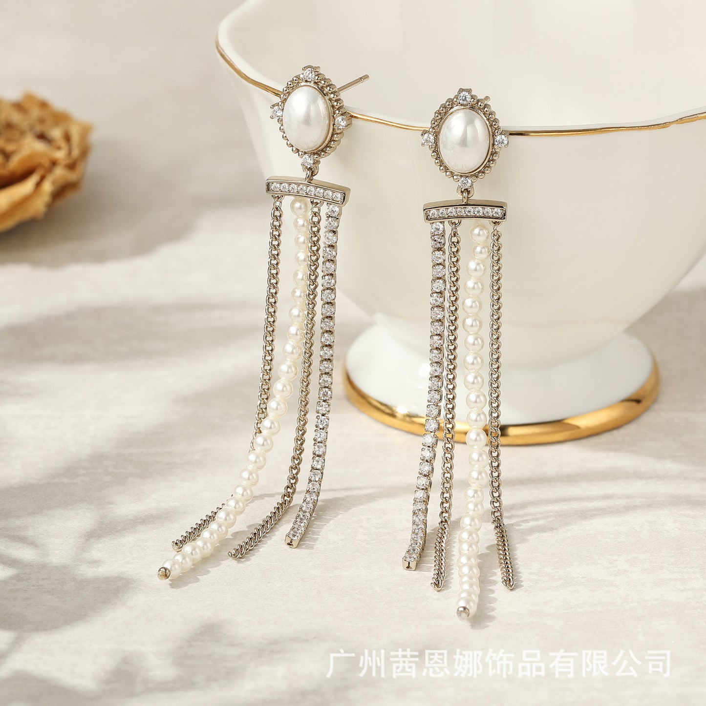 White zircon full diamond long tassel earrings