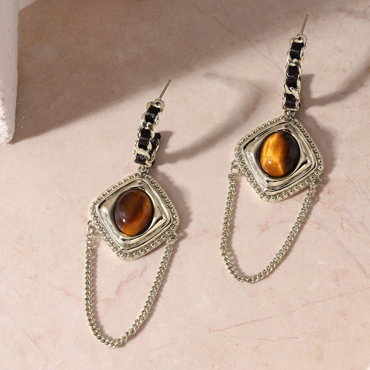 Portuguese designer tiger eye stone copper plated coffee gold earrings