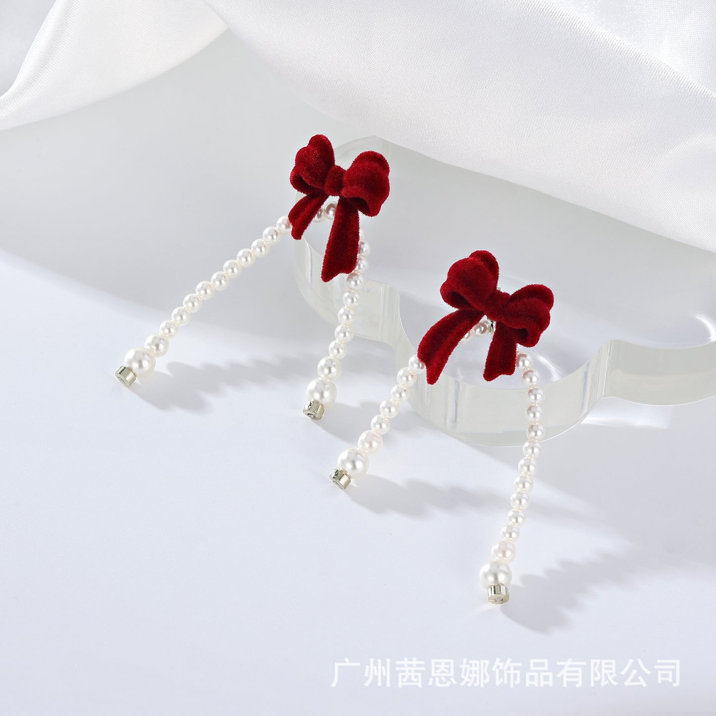 French designer red flocked bow tassel pearl earrings