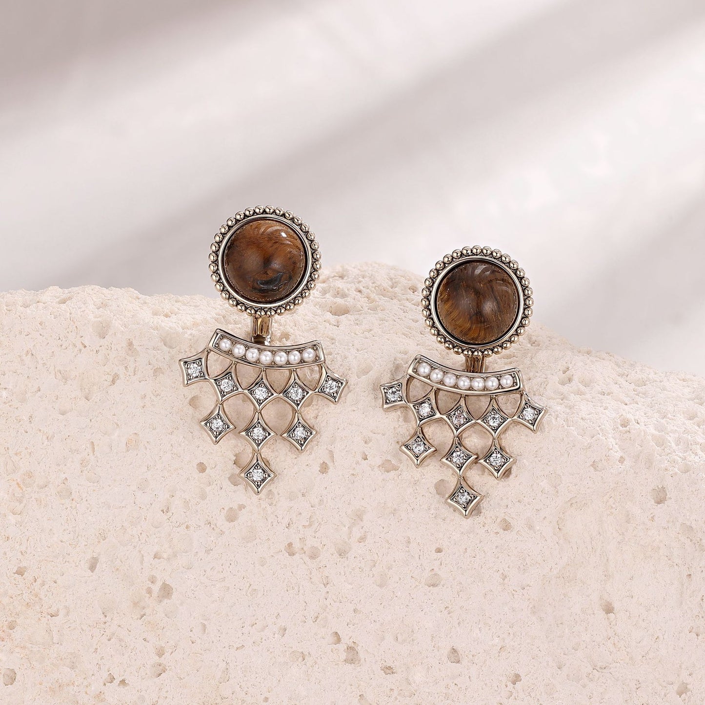 Portuguese designer tiger eye stone pearl and diamond earrings