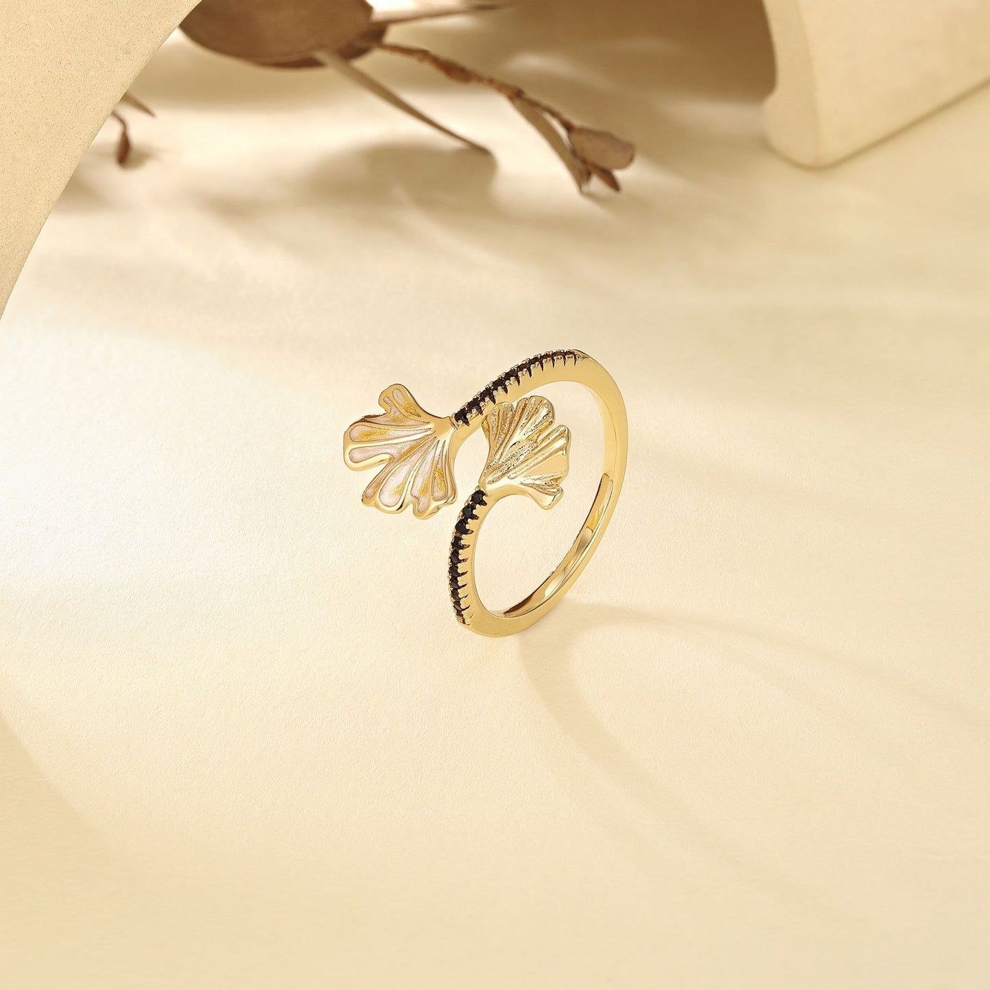 French designer gold ginkgo leaf enamel ring