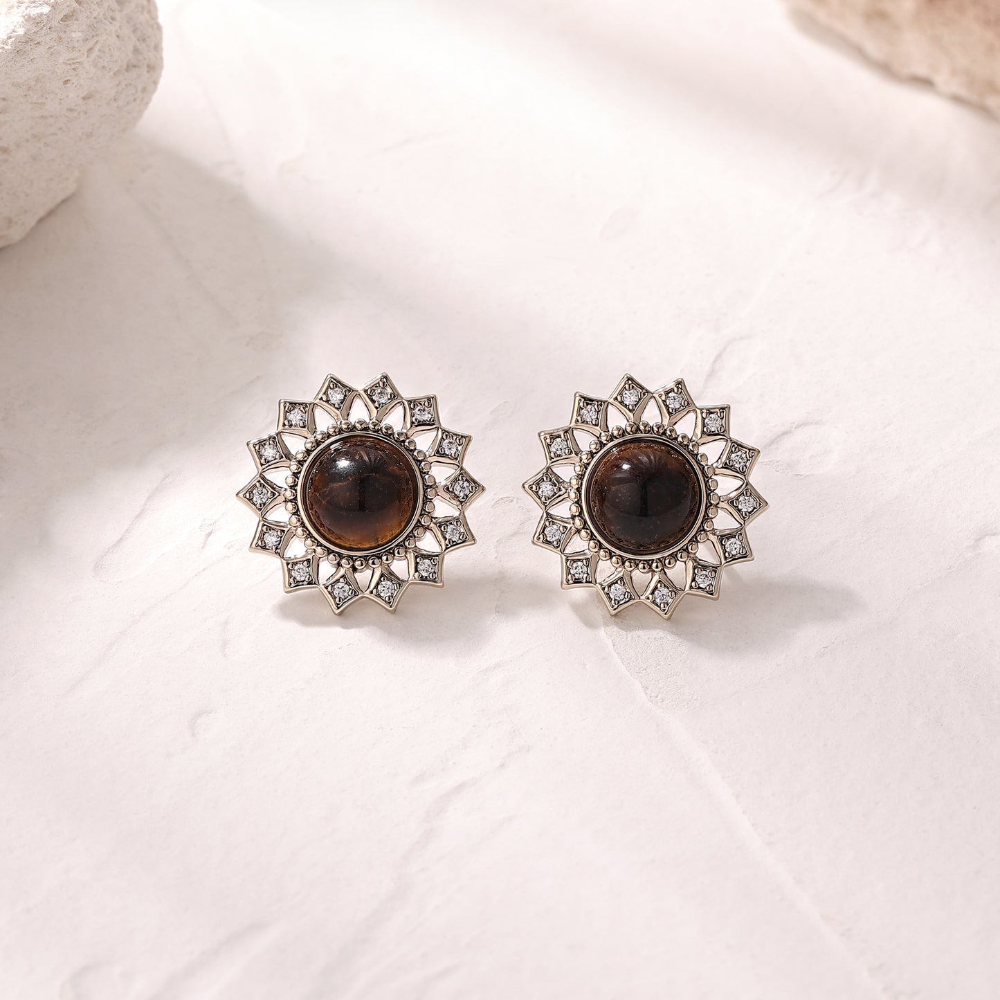 Portuguese designer brown tiger eye diamond earrings