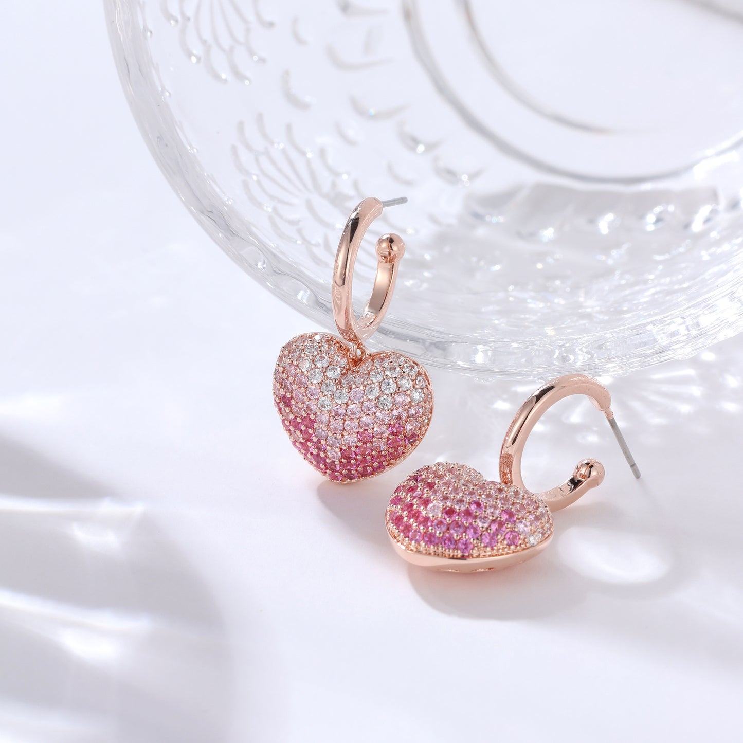 French designer full diamond heart electroplated rose gold earrings