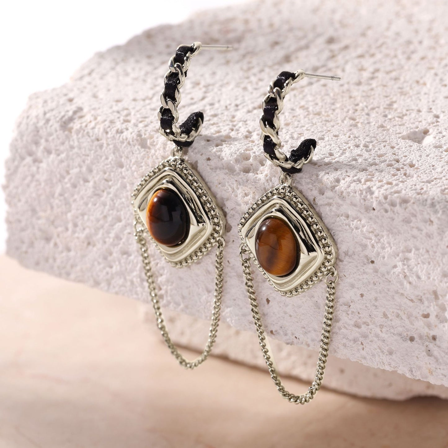 Portuguese designer tiger eye stone copper plated coffee gold earrings