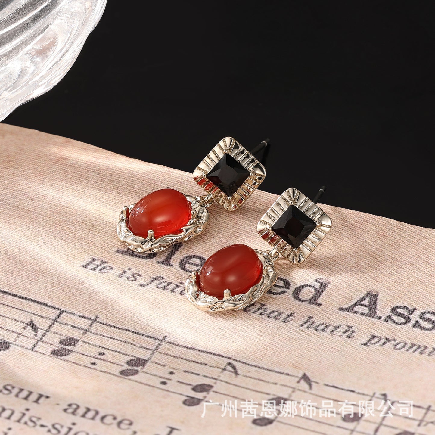 Portuguese designer vintage red flower stone simple earrings