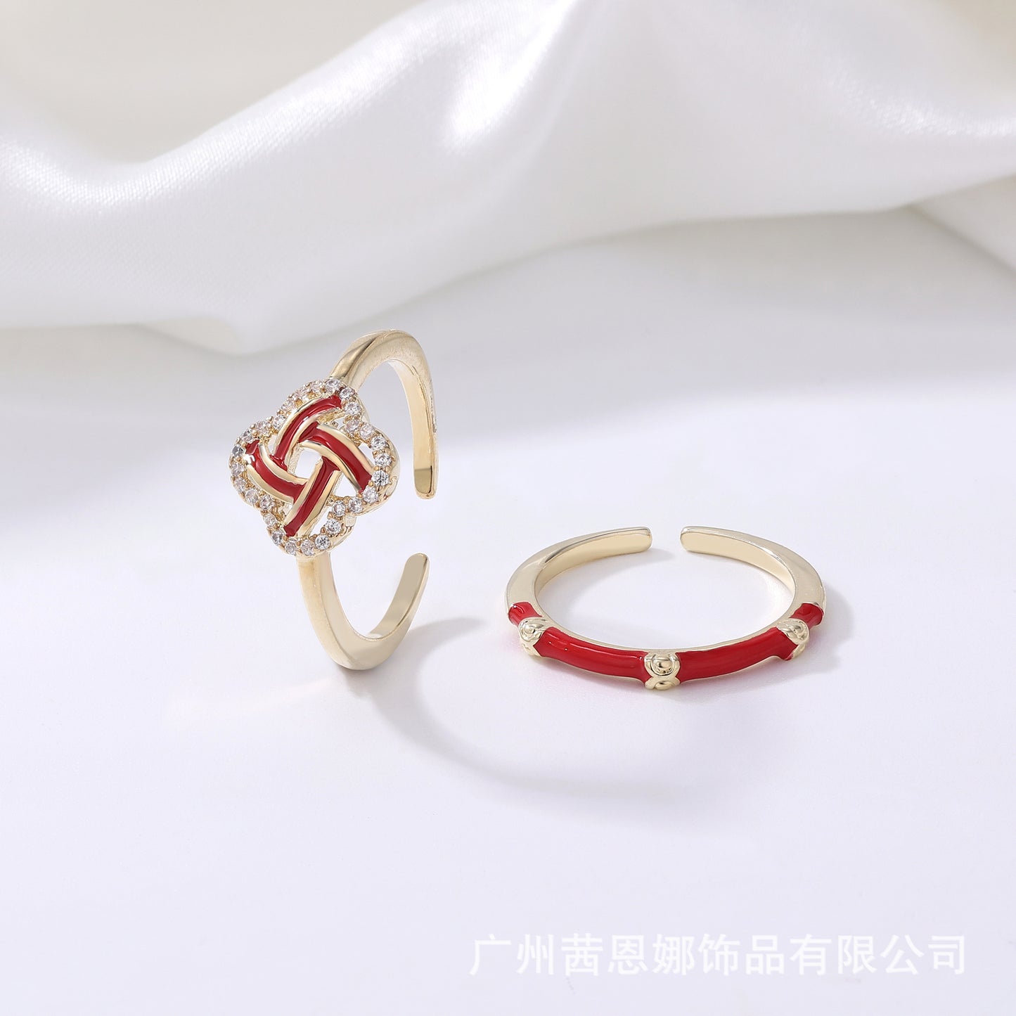 Chinese designer red full diamond New Year's style two-piece ring set