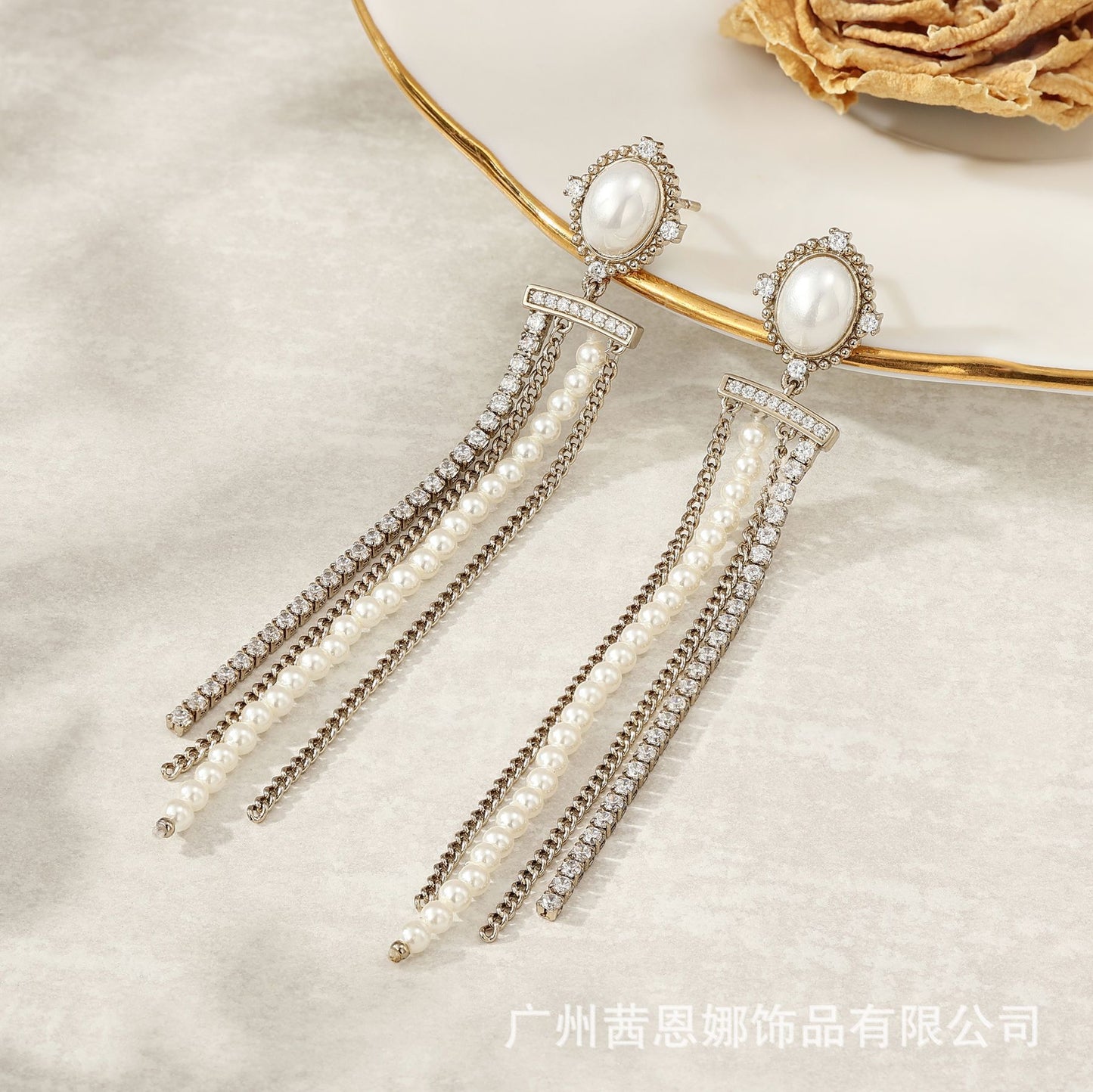 White zircon full diamond long tassel earrings