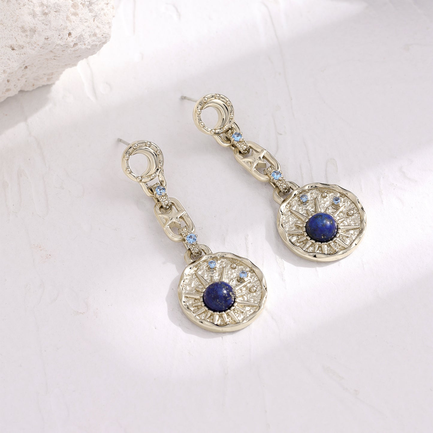 French designer lapis lazuli engraved copper plated coffee gold earrings