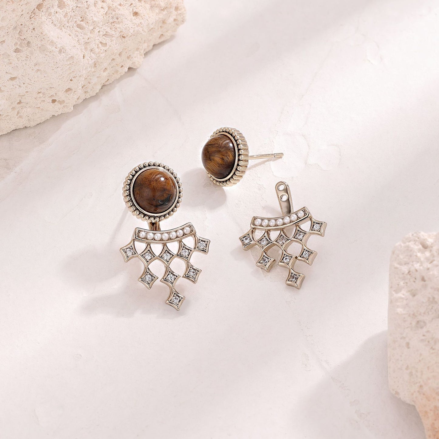 Portuguese designer tiger eye stone pearl and diamond earrings