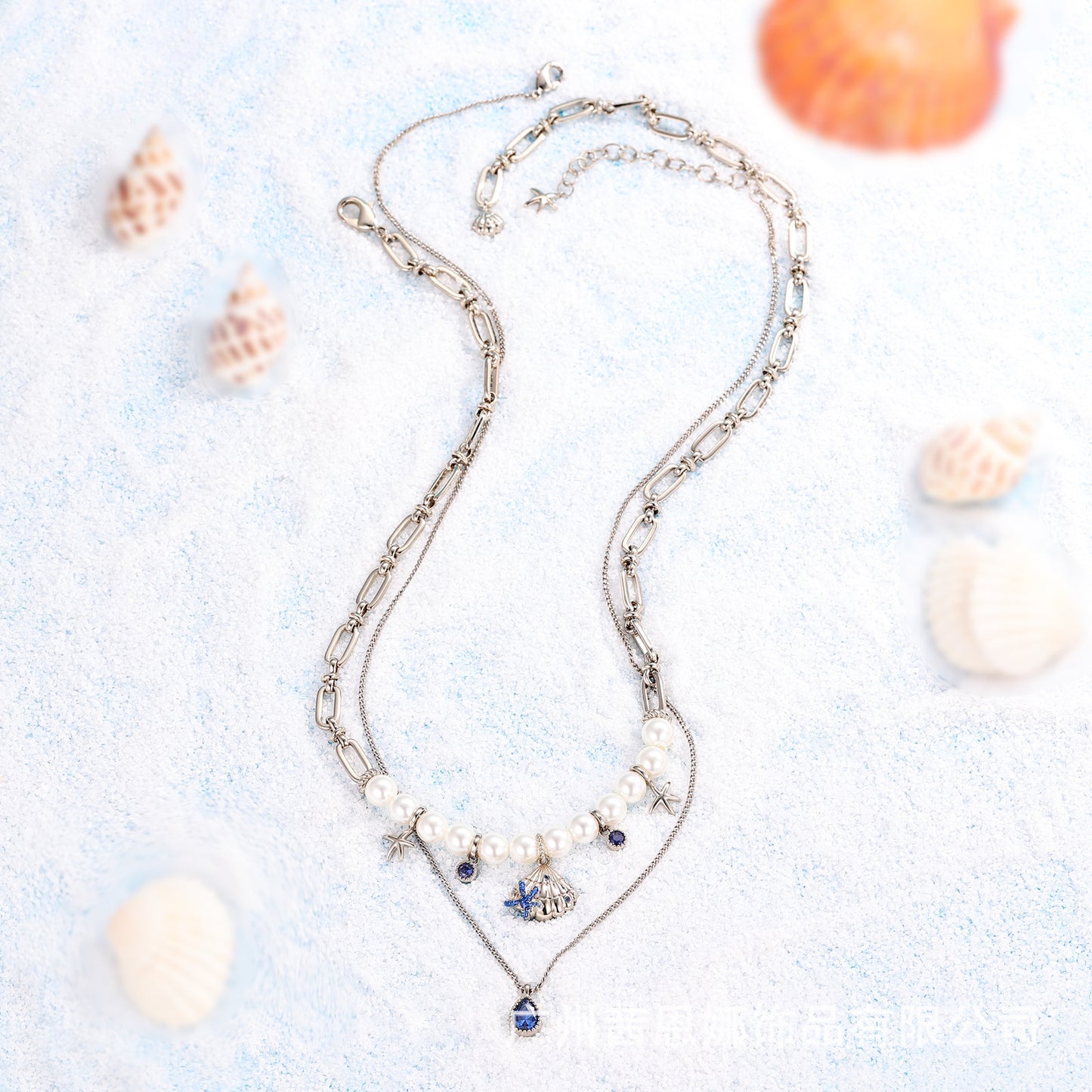 Danish designer starfish shell sapphire drop double necklace