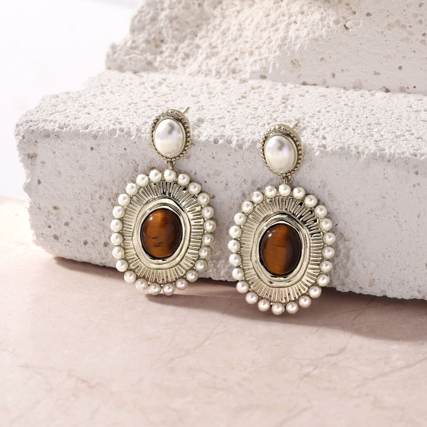 Portuguese designer tiger eye stone pearl earrings