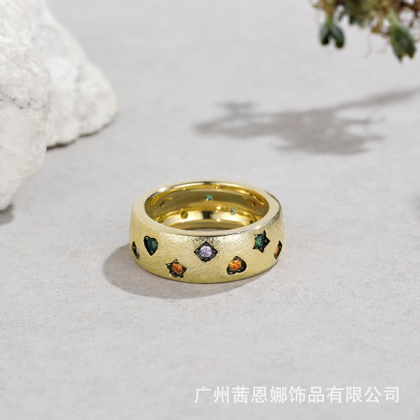 Spanish designer 18K gold-plated copper ring inlaid with colored gemstones