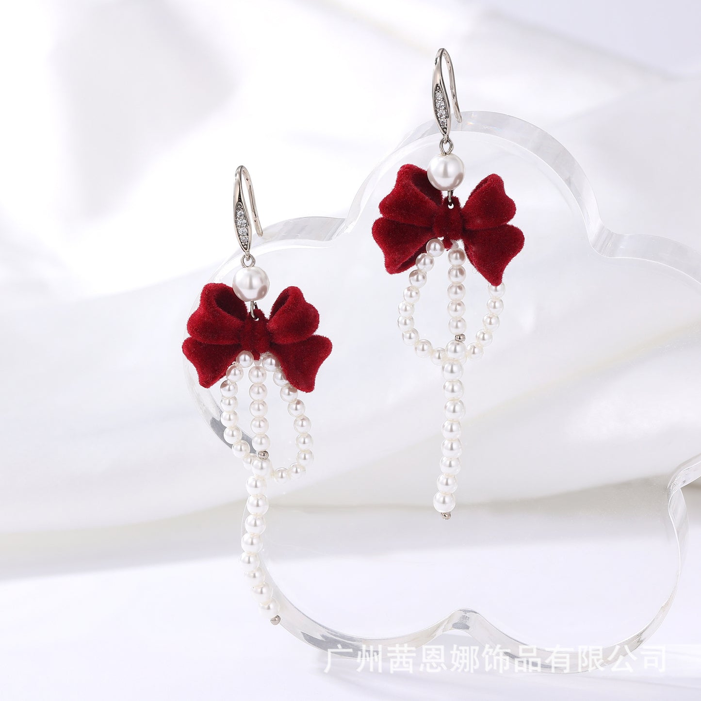 French designer red flocked bow tassel earrings