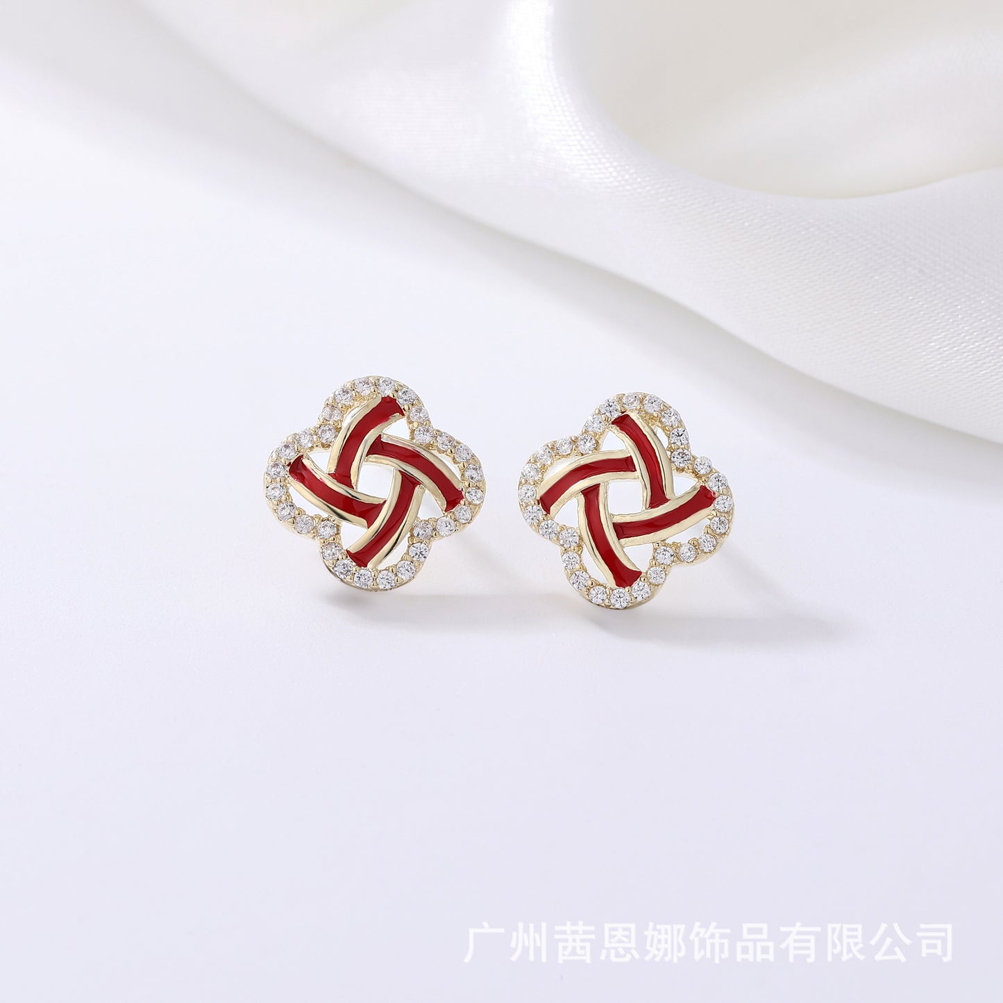 Diamond and enamel red Chinese knot stud earrings