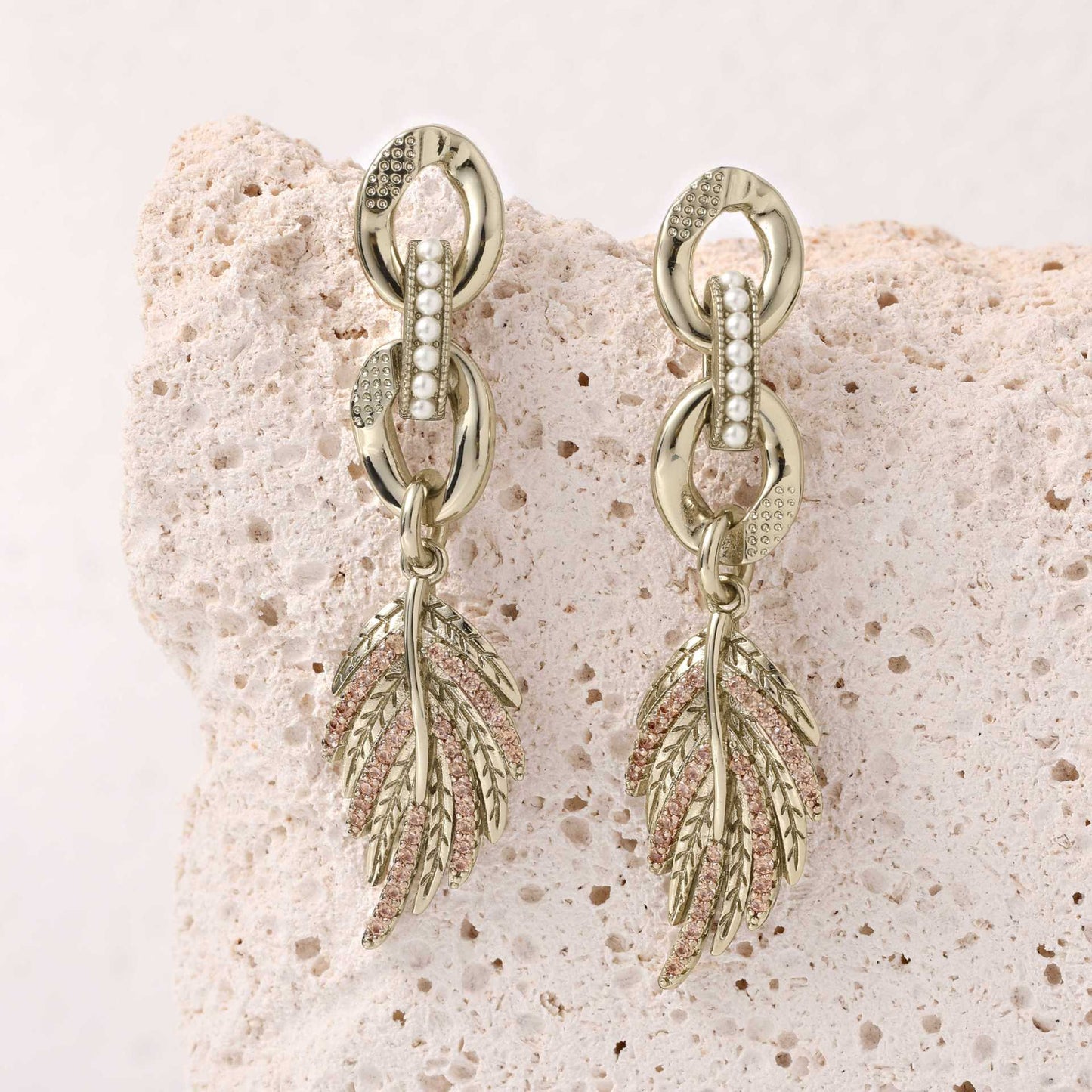 Italian designer leaf pearl coffee gold earrings