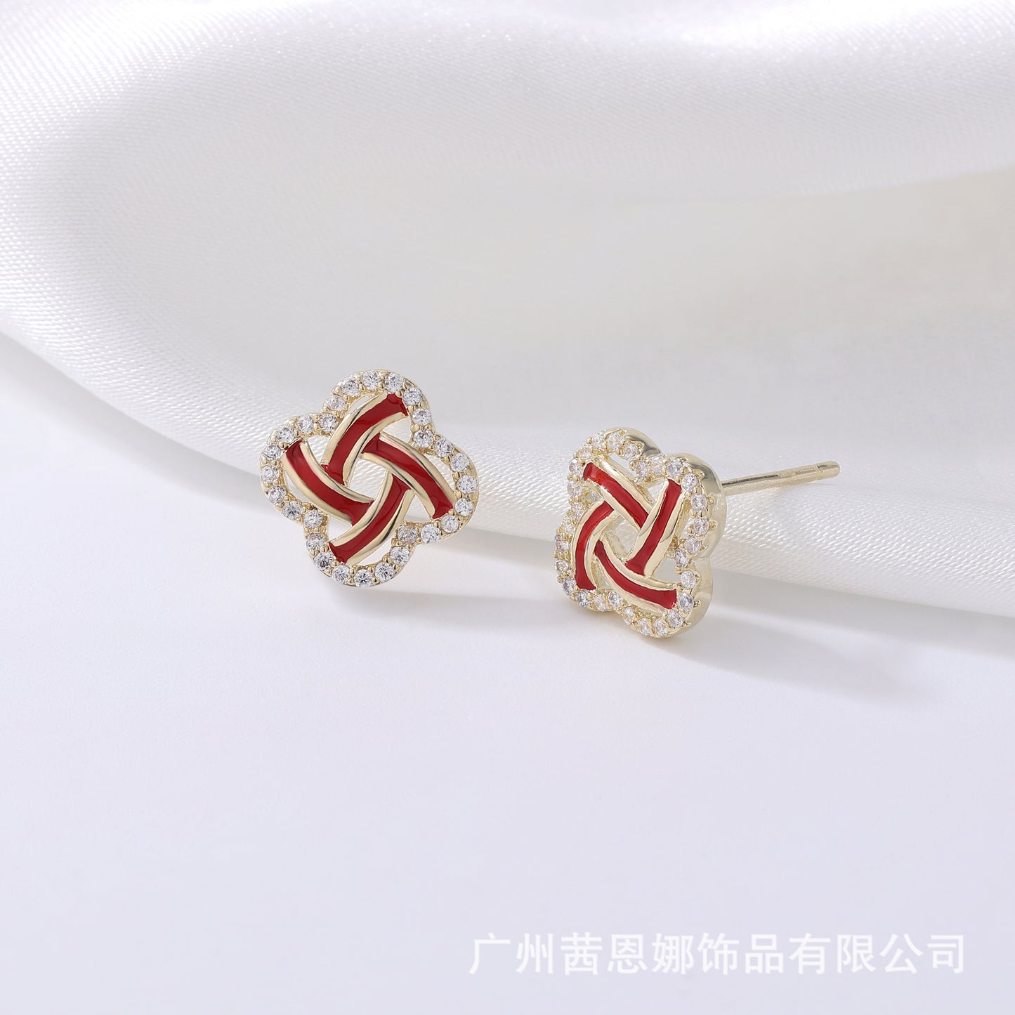 Diamond and enamel red Chinese knot stud earrings